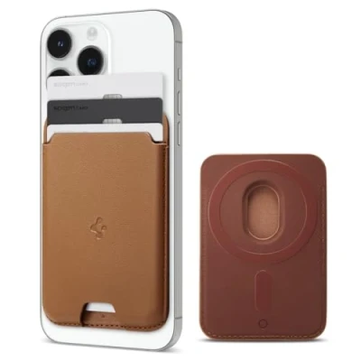 Afbeelding van Spigen Valentinus MagFit Magnetische Portemonnee Kaarthouder 3 Kaarten Ontworpen voor Magsafe Compatibel met iPhone 15/14/13/12 Modelle Wallet Bruin