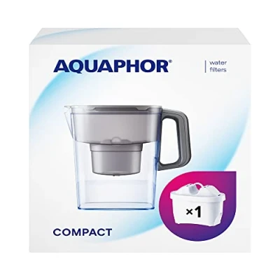 Afbeelding van AQUAPHOR Waterfilterkan Compact grijs inclusief 1 Maxfor+ filter I Kunststof karaf 2,4 liter Vermindert kalk, chloor &amp; zware metalen Compacte lichte waterfilter Past in de koelkastdeur