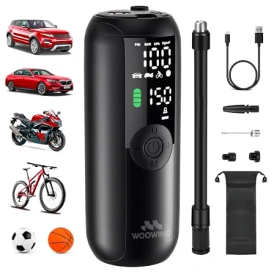 Afbeelding van Woowind LP1 Elektrische Bandenpomp Compressor 150PSl en Fietspomp Draadloos Draagbaar met Automatische Stop Auto, Fiets, Motorfiets Presta ventiel Schrader Dunlop