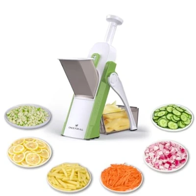 Afbeelding van Once For All handmatige keuken mandoline, multifunctionele groentesnijder: plakjes, julienne, blokjes, frietjes, roestvrijstalen mes, ui, wortel, aardappel, tomaat, fruit