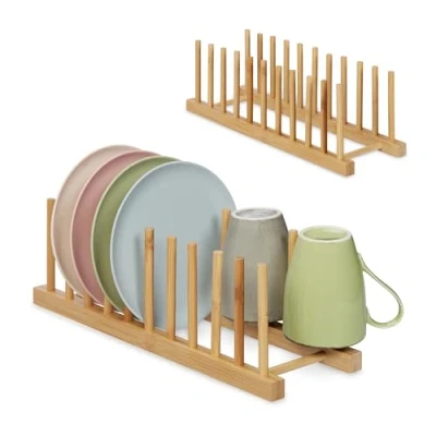 Afbeelding van Relaxdays afdruiprek set van 2 vaatwasrek afwas droogrek elk 10 houders bamboe