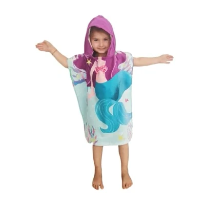 Afbeelding van Theonoi Kinderponcho, badponcho, capuchonhanddoek, badhanddoek, strandhanddoek, met capuchon, voor jongens en meisjes, 100% katoen (zeemeermin)