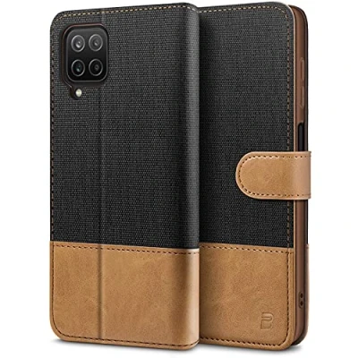 Afbeelding van BEZ Samsung A12 Hoesje, Galaxy Hoes Book Case Leer Wallet, Flip Wallet Hoesje [Canvas Kunstleer] met Creditcardhouders, Standaard, Magnetische Sluiting, Zwart