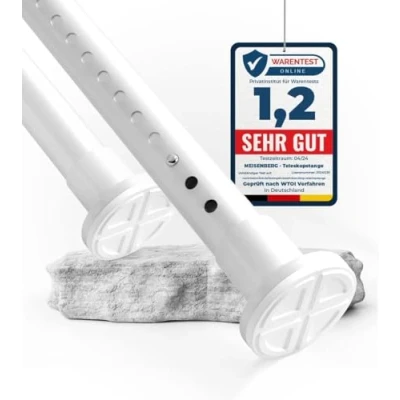 Afbeelding van MEISENBERG Douchegordijnstang zonder boren, 160 210 cm, diameter 32 mm, wit, klembare roestvrije gordijnroede, uittrekbaar, telescoopstang, douchestang en kledingstang, voor je garderobe douche
