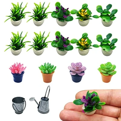 Afbeelding van PFLYPF 14 delige mini bloempotset, kunstbloempotendecoratie, 1:12 poppenhuis, plantenmodel, groene pottuin, interieurdecoratie, met 1 gieter en een emmer