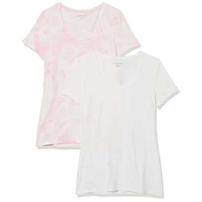 Afbeelding van Amazon Essentials Dames Classic Fit T shirt met korte mouwen en ronde hals (verkrijgbaar in grote maten), pak van 2, roze Tie Dye/Wit, XL