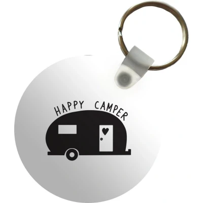 Afbeelding van Sleutelhanger Happy camper Spreuken Quotes Plastic Rond Uitdeelcadeautjes