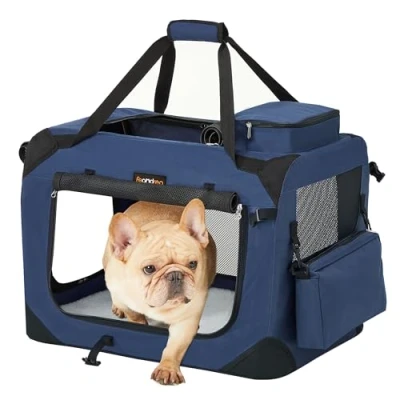 Afbeelding van Feandrea opvouwbare hondenbench, hondentransportbox, M, hondentas, Oxford stof, mesh ademend, draagbaar, metalen frame, met handvatten, zakken, 60 x 42 cm, donkerblauw PDC60Z
