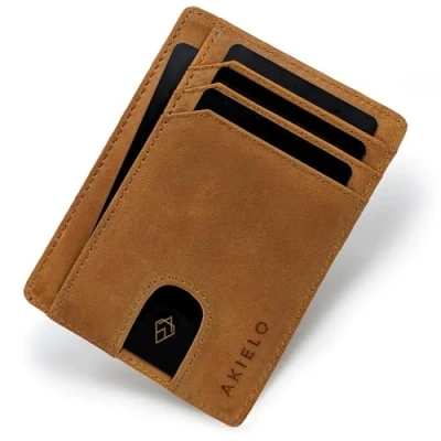 Afbeelding van AKIELO RFID Blokkerende Creditcardhouder en Geschenkdoos Ultra Dunne Portemonnee voor Heren Minimalistische Kaart (BRAVO Tan Editie)