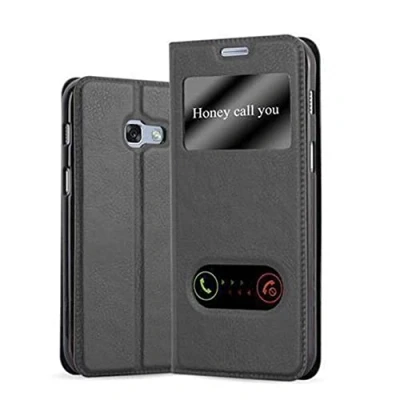 Afbeelding van Cadorabo Hoesje geschikt voor Samsung Galaxy A3 2017 in KOMEET ZWART Beschermhoes met magnetische sluiting, standfunctie en 2 kijkvensters Book Case Cover Etui