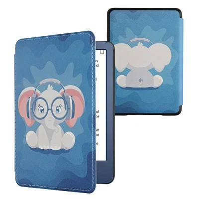 Afbeelding van kwmobile E reader hoesje geschikt voor Amazon Kindle (2022) hoes flip case met magnetische sluiting Ereader cover Schattige olifant design in lichtblauw / donkerblauw grijs