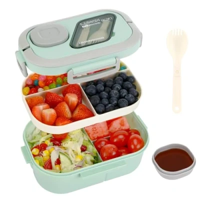 Afbeelding van Kasanni Lunchbox met compartimenten, lunchbox, container voor lunch en salade, Bento Box lepel, volwassenen kinderen, BPA vrij (groen)