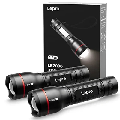 Afbeelding van Lepro 2 stuks superheldere LED zaklamp, LE2000 krachtige gevoed door AAA batterij, waterbestendig, 5 standen, zoombaar, zakformaat, licht, voor kamperen, hardlopen, wandelen met de hond,
