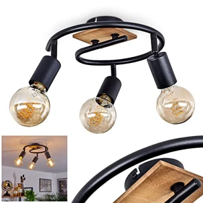 Afbeelding van plafondlamp Maidford, ronde van metaal/hout in zwart/naturel, 3 lamp, met verstelbare spots, x E27 fitting, spot retro/vintage design, zonder gloeilampen