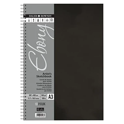 Afbeelding van Daler Rowney Ebony schetsboek, glad oppervlak, 160 g/m², 100 lbs, spiraalgebonden, hardcover, portret, A3 29,7 x 42 cm, natuurlijk wit, 54 vellen