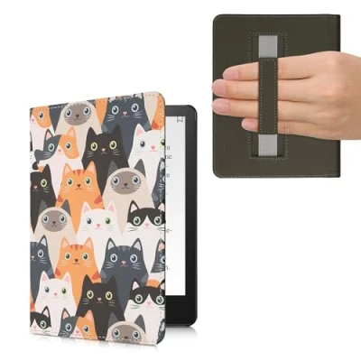 Afbeelding van kwmobile E reader hoesje geschikt voor Amazon Kindle Paperwhite 11. Generation 2021 hoes flip case met magneetsluiting Ereader cover Katten design in oranje / zwart wit
