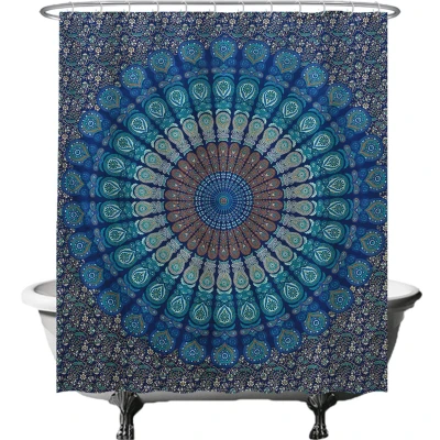Afbeelding van Ulticool Douchegordijn Mandala Kleed 180 x 200 cm semi Transparant met 12 Ringen Wit anti Schimmel Blauw