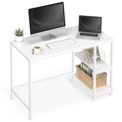 Afbeelding van VASAGLE LWD047W44 Computerbureau, schrijfbureau met 2 planken links of rechts, werktafel voor kantoor, woonkamer, stalen frame, modern, esdoornwit