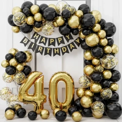Afbeelding van envami® Verjaardagsdecoratie voor 40e verjaardag, dames en heren, zwart goud, 40 ballonnen, cijferballon, slinger, verjaardagsdecoratie, Happy Birthday