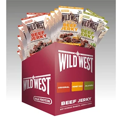Afbeelding van Wild West Beef Jerky, high Protein droog vlees, Jerky snack, gedroogd rundvlees 12x60g Mix Box, 4x Original, Honey BBQ, Jalapeno