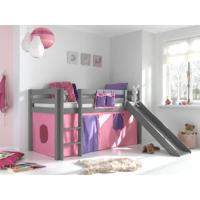 Afbeelding van LUCEVI Pino Halfhoogslaper H115CM + Ladder Glijbaan Bella Gordijntjes Grijs 90x200 cm