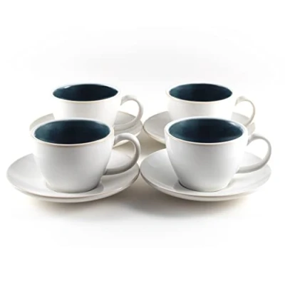 Afbeelding van Cappuccino kopjes 4 delige set (180 ml) van aardewerk hoogwaardige en dikwandige koffiekopjes met schoteltjes (blauw)