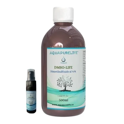 Afbeelding van DMSO 70% 500ml met druppelaar Dimethylsulfoxide Zuiverheid Ph organisch Algemeen gebruik Verpakt in amberkleurige glazen fles Vervaardigd door AQUAPURELIFE®