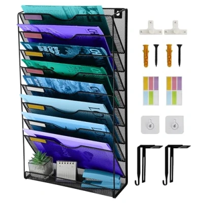 Afbeelding van HIHOBDAY 9 Tier Hangende Muur Tijdschriftenhouder Wandgemonteerde Bestandsorganisator, Mental Mesh Tijdschriftenrek Opknoping, A4 Office Organisatoren, Wandmap Organizer Stationaire