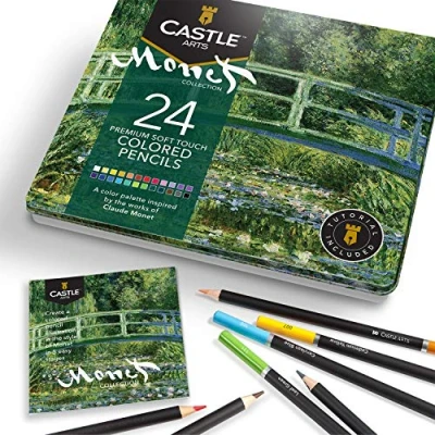 Afbeelding van Castle Arts Themed 24 gekleurde Potlood Set in Tin Box, perfecte &#039;Monet&#039; geïnspireerde kleuren. Met kwaliteit, gladde kernen, superieure menging en gelaagdheid prestaties voor het bereiken