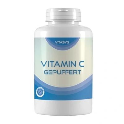 Afbeelding van Vitamine C gebufferd, 365 veganistische capsules, 500 mg, maagvriendelijk en pH neutraal, jaarvoorraad, hoge dosis, veganistisch Vitasyg