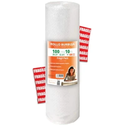 Afbeelding van OFITURIA luchtkussenfolie, 100 cm x 10 m, verpakking met 12 frisse etiketten, ideaal voor verpakkingen, verhuizing, bubbelwrap
