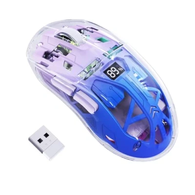Afbeelding van FREEWOLF A2 Draadloze Gamingmuis, Dual Mode 2.4G/Bluetooth Pc Gamingmuizen, RGB muis met Batterijdisplay, Transparante Behuizing, PixArt 3212 4000 DPI, voor Win/MAC, Twilight Purple