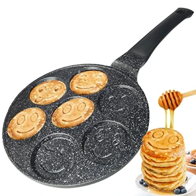Afbeelding van Amalindo Pancakepan Ø 26 cm, 7 gaats smiley pannenkoekenpan, anti aanbaklaag, inductie, eierpan, oogpan voor pannenkoeken, spiegelei, spiegeleipan