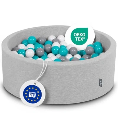 Afbeelding van KiddyMoon Schuim Ballenbak Voor Kinderen Met Ballen Ø 7 Cm Gemaakt In EU, Lichtgrijs:Grijs Wit Turkoois,90X30cm/200