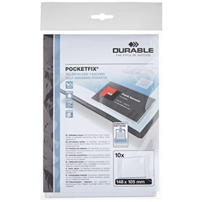 Afbeelding van Durable 807619 Pocketfix, zelfklevende zakjes voor het inbrengen van etiketten, 148 x 105 mm (interne afmetingen), 10 stuks, transparant.