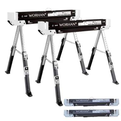 Afbeelding van WORHAN® Zaagbok JOBSITE Tafelpaar Schragen Stevig Robuust (Set Van 2) Snel Af Te Stellen Antislippoten Opklapbaar Hoogwaardig Staal S600B