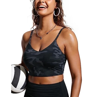 Afbeelding van CRZ YOGA Vrouwen Bikini Tops Verstelbare Spaghetti Riemen Zwempak Gewatteerd Atletisch Badpak Jungle Camouflage Grijs L