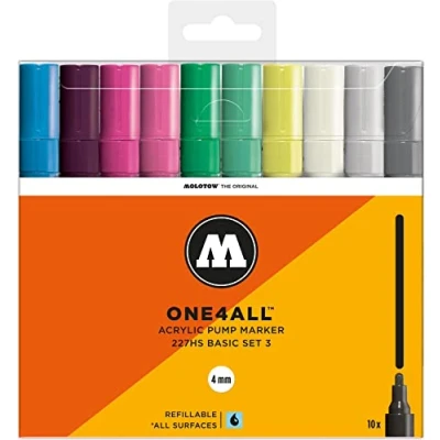 Afbeelding van Molotow One4All 227HS Acryl markeerstiften, basicsset 3 (4,0 mm lijndikte, zeer dekkend en permanent, uv bestendig, voor bijna alle ondergronden), 10 stuks, gesorteerd