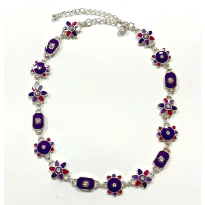 Afbeelding van Ketting met bloemen hangertjes Roze, paars, zilverkleurig Versierd zirkonia stenen Damesdingetjes