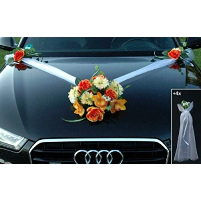 Afbeelding van Kanten autoboeket, autoversiering, bruidspaar, rozen, decoratie, huwelijk, auto, bruiloftsdecoratie (SS GER thee)