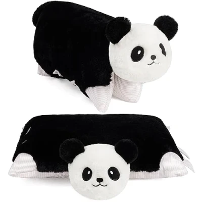 Afbeelding van BRUBAKER Knuffelkussen Panda 2 in 1 Pluche en 40 x 30 cm Knuffel Opvouwbaar Kinderkussen met Klittenbandsluiting Kussen Knuffeldier Zwart Wit