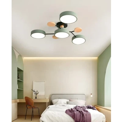 Afbeelding van Nordic LED Plafondlamp Modern Acryl Creatief Semi Flush Spoetnik Lichtpunt 4 Lichten met Houten Decoratie voor Woonkamer Eetkamer Slaapkamer, Groen