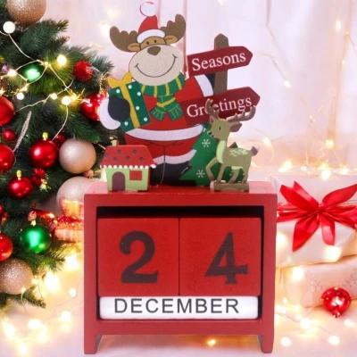 Afbeelding van Houten kerstkalender met rendier rood Kerstdecoratie