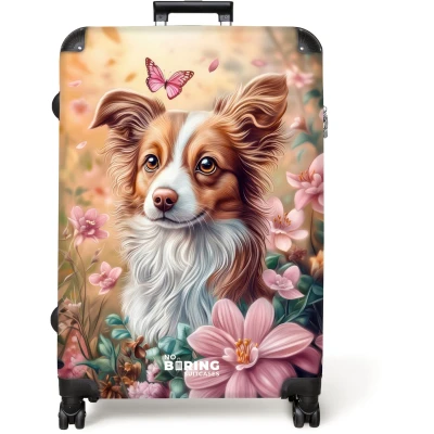 Afbeelding van NoBoringSuitcases.com® Koffer groot Reiskoffer lichtgewicht Hond in bloemenveld met vlinders Rolkoffer 4 wielen Grote trolley XL 98 liter bagage