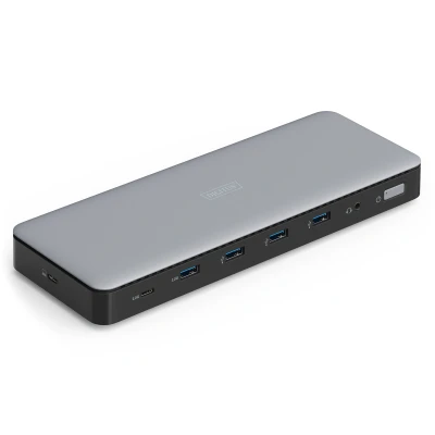 Afbeelding van DIGITUS USB C docking station 13 poorten 3x HDMI, 2x Displayport UltraHD 4k/60Hz 1x A 3.2 Gen2, Gen1 2,5G RJ45 3,5mm audio Grijs
