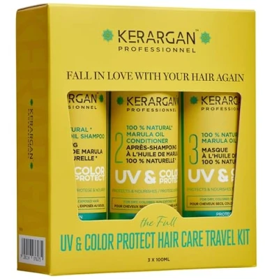 Afbeelding van Kerargan Kit Viaje UV &amp; Color con Marula para Cabello Seco/Teñido Champú, Acondicionador, Mascarilla Sin Sulfatos, OMG, Aceite Mineral 3x100ml
