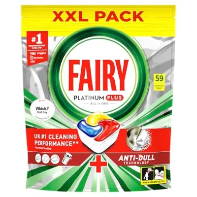 Afbeelding van Fairy Platinum Plus Alles in 1 vaatwastabletten Bulk, Plus, 59 tabletten, citroen, XXL PACK, met anti saaie technologie en spoelhulpactie