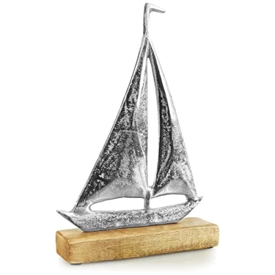 Afbeelding van COM FOUR® zeilschip, zeilboot maritiem display metalen schip decoratief van metaal en voet mangohout (01 stuk medium)