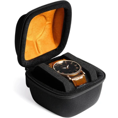 Afbeelding van AUKURA Hard single Watch Roll Travel Case voor Mannen, 1 Slot Rits Organizer Box Grote Horloges met anti move horloge kussen (Zwarte microfiber voering)