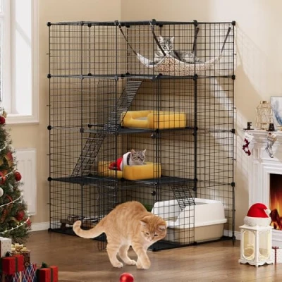 Afbeelding van YITAHOME grote kattenkooi binnen, behuizing metalen draad 4 laags kattenkennels met deuren, 3 ladders doe het zelf kattenbox hangmat, dierenkooien voor 1 katten konijnenchinchilla zwart